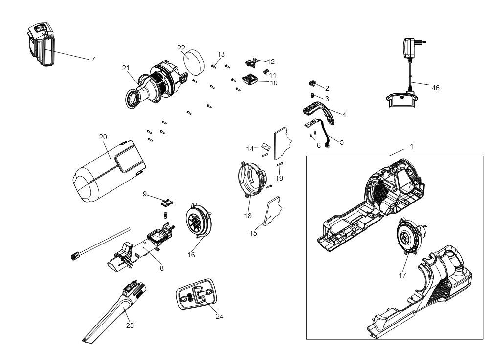 Exploded Diagram B Diagram and Parts List for BHFEA18D1K Type 1 Black and Decker Upright Vacuum